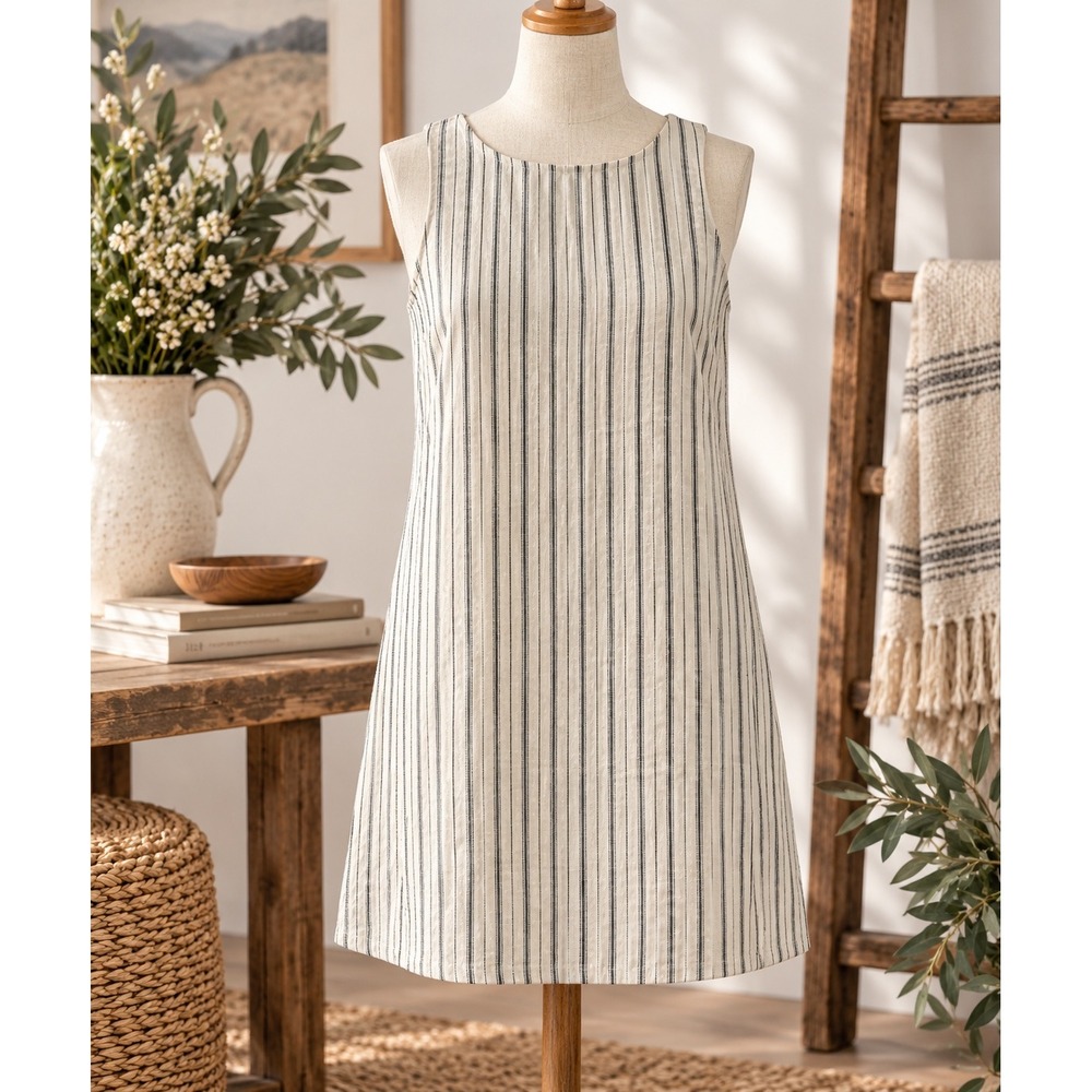Reformation Striped Linen Shift Dress Womens Size 0 White Navy Blue Coastal Mini